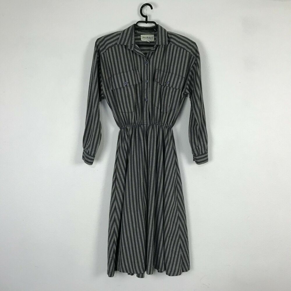 Vintage 80s John Richard Dress Size S‎ Gray Striped Long Sleeve Cotton Blend